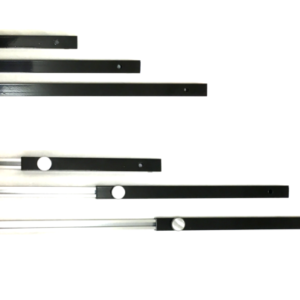 Six black and silver metal lengths with silver knobs laid out horizontally