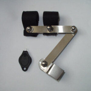 Silver metal articulated bracket for camera with black straps and a small flat black torch