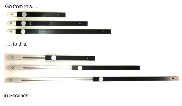 Six black and silver metal lengths with silver knobs laid out horizontally