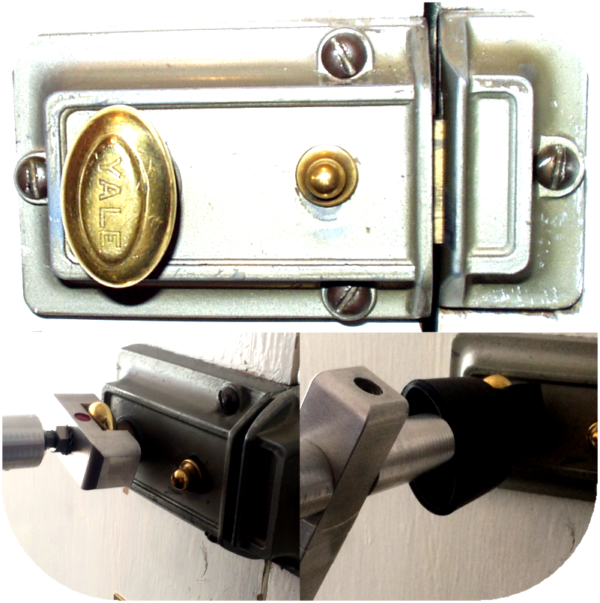 Old Yale Lock fitted to the inside of a door with two small pictures inset below showing two different Locksmiths attachment tools